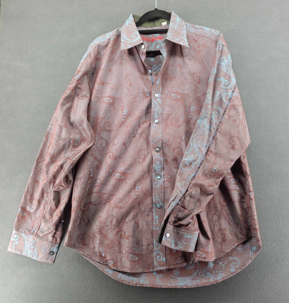 Robert Graham Shirt Mens XL Brown Turquoise Jacquard Paisley Flip Cuff LS Sleeve